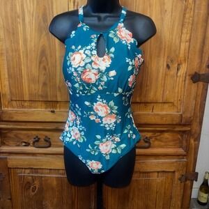 Cupshe Teal Floral One Piece Swimsuit Scalloped Keyhole Size M